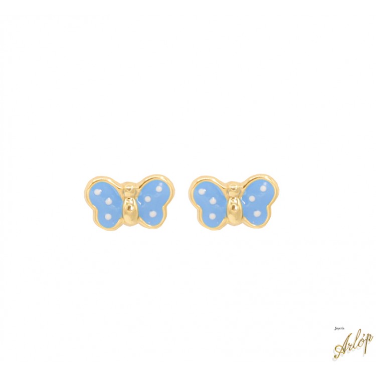 Topos mariposa, recubierta con esmalte azul en oro amarillo de 18 kts.