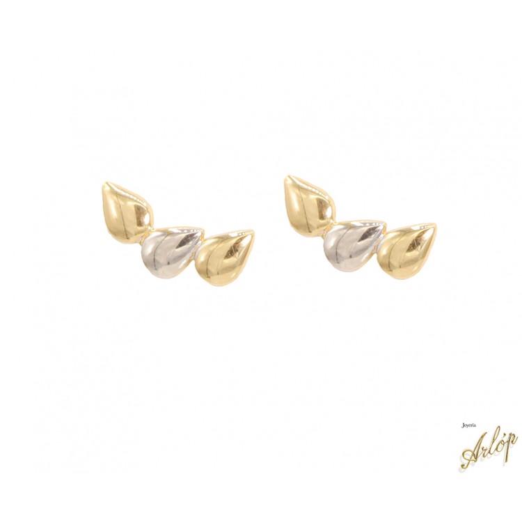 Aretes 3 pequeñas gotas en oro blanco y amarillo de 18 Kts.